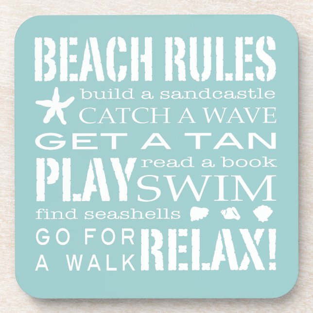 Beach Rules By the Seashore Soft Aqua & White Coaster (Front)