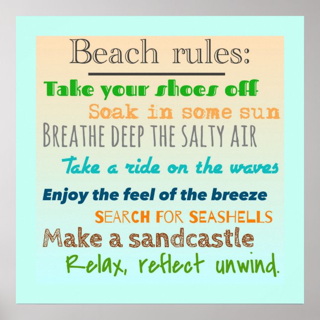 Beach Rules Fun Colourful Nautical Typography Poster (Front)