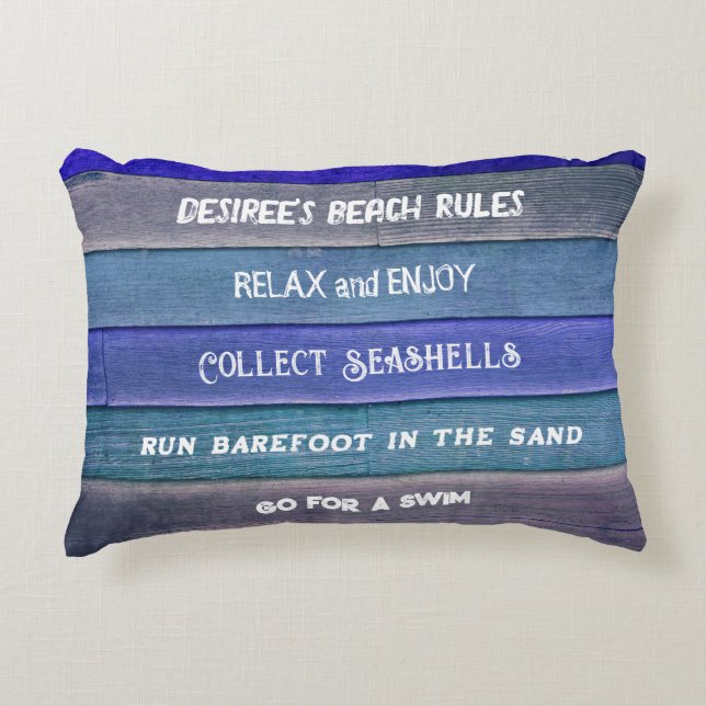 Beach Rules Rustic Blue Teal Grey Nautical Wood Accent Pillow (Front)
