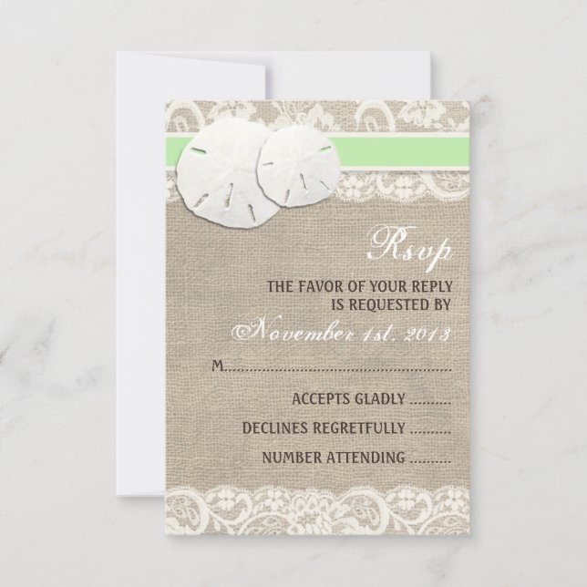 Beach Rustic Burlap Lace RSVP Card - Green (Front)