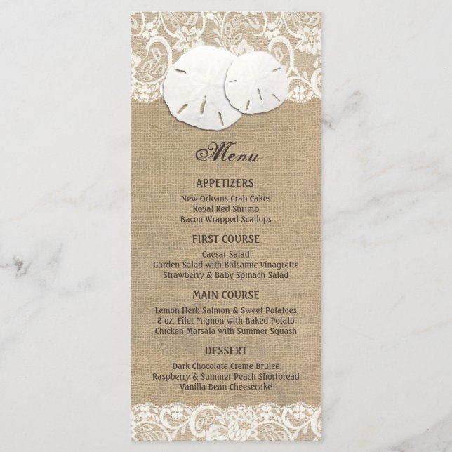 Beach Rustic Warm Burlap Lace Menu Card (Front)