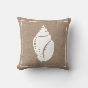 Beach Rustic White Seashell & Faux Burlap Throw Pillow