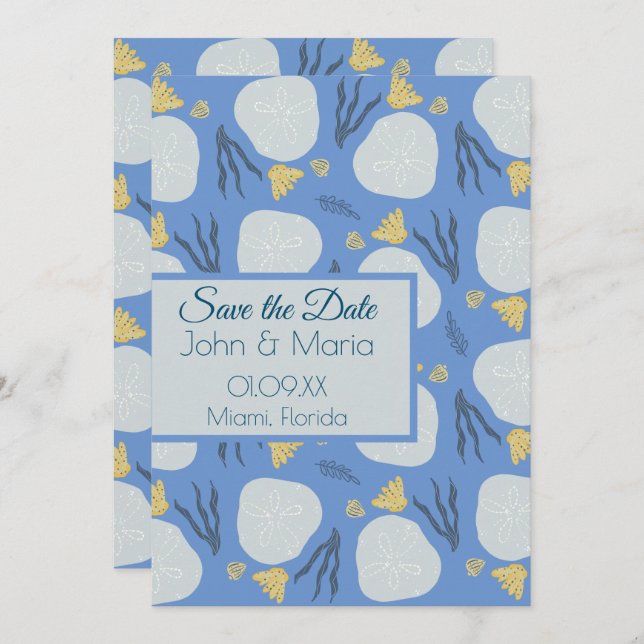 Beach Sand Dollars Botanical Blue Save the Date  Invitation (Front/Back)
