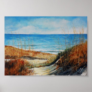 Beach Sand Dunes and Ocean Painting Glossy Poster