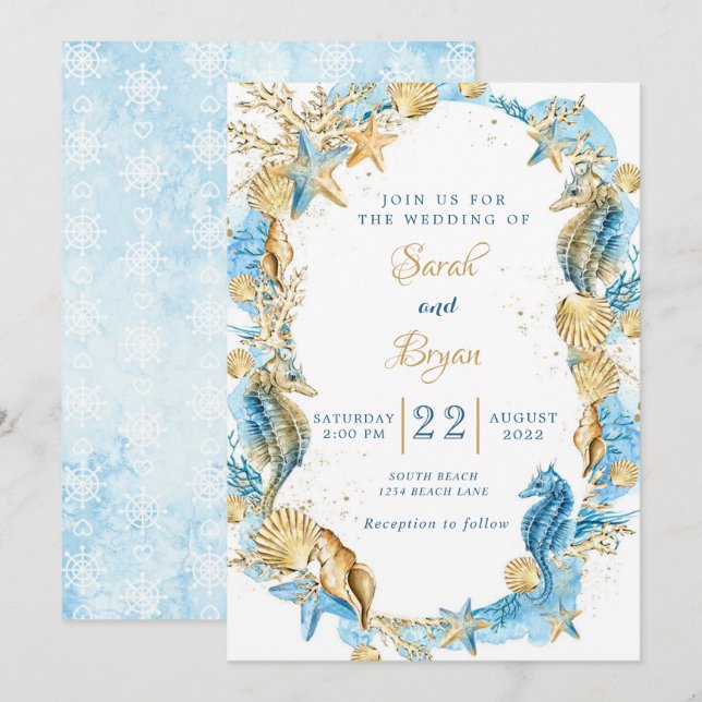 Beach Sand Elegant Teal Gold Wedding Invitation (Front/Back)
