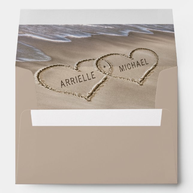 Beach Sand Hearts Elegant Tropical Modern Wedding Envelope (Back (Bottom))