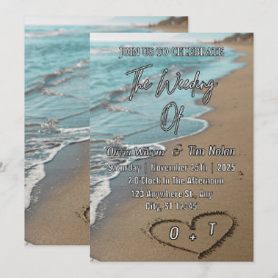 Beach Sand Hearts Elegant Tropical Modern Wedding Invitation