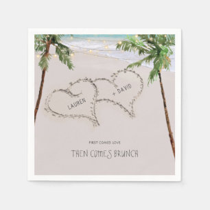 Beach Sand Hearts Tropical Palm   Modern Wedding Napkin