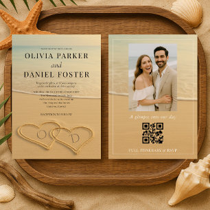 Beach Sand Hearts Tropical Photo QR Code Wedding  Invitation