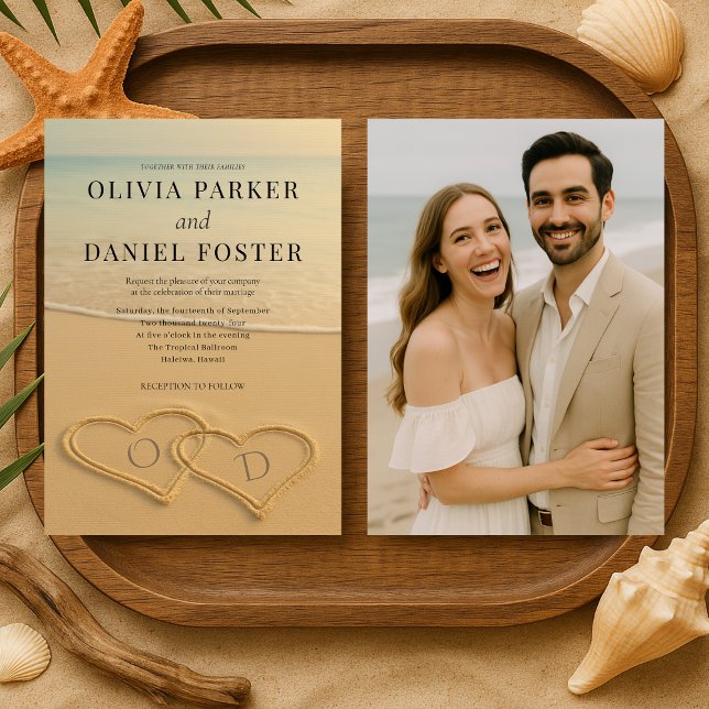 Beach Sand Hearts Tropical Photo Wedding  Invitation (Creator Uploaded)