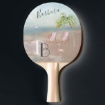 Beach Sand Ocean Palm Tropical Ping Pong Paddle<br><div class="desc">Lovely Watercolor Beach Sand Palm Trees Relax and Swing Away -- peaceful and gentle scene with two beach chairs.  Just waiting for you to take a deep breath and hit your next shot.   With first name and monogram -- you'll love it or great as a gift.</div>