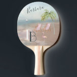 Beach Sand Ocean Palm Tropical Ping Pong Paddle<br><div class="desc">Lovely Watercolor Beach Sand Palm Trees Relax and Swing Away -- peaceful and gentle scene with two beach chairs.  Just waiting for you to take a deep breath and hit your next shot.   With first name and monogram -- you'll love it or great as a gift.</div>