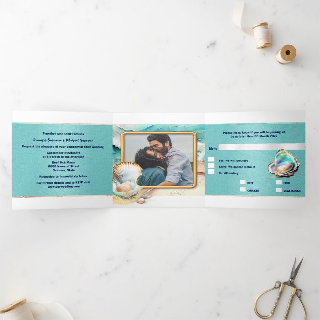 Beach sand ocean waves seashells nautical chic Tri-Fold invitation (Inside)