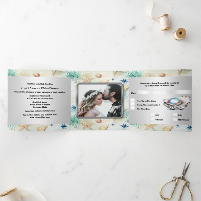  Beach sand ocean waves seashells nautical chic Tri-Fold Invitation (Inside)