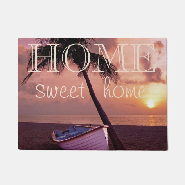 Beach,Sand,Palm,Boat, Sunset ,Home Sweet Home Doormat (Front)