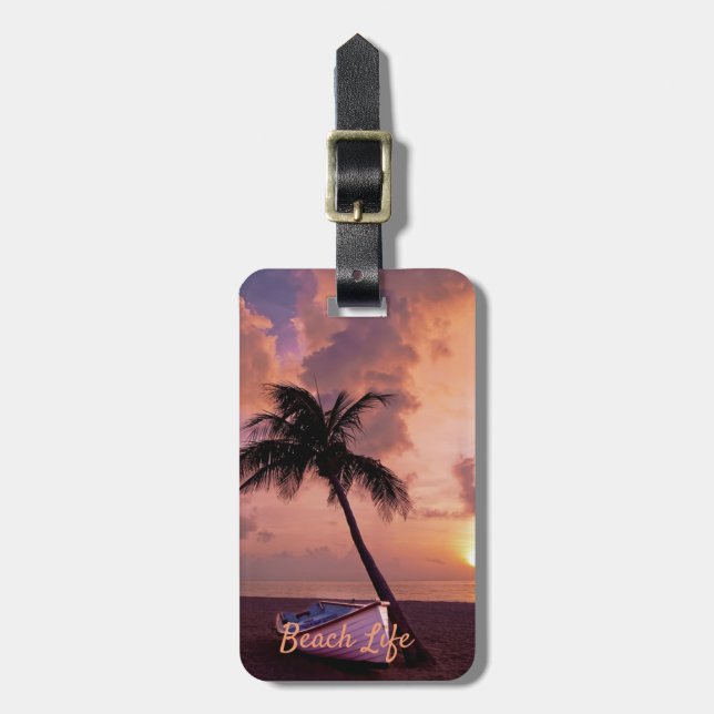 Beach, Sand,Palm,Boat,Sunset  -Personalized Luggage Tag (Front Vertical)