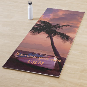 Beach, Sand,Palm,Sunset, Boat-Motivational Message Yoga Mat