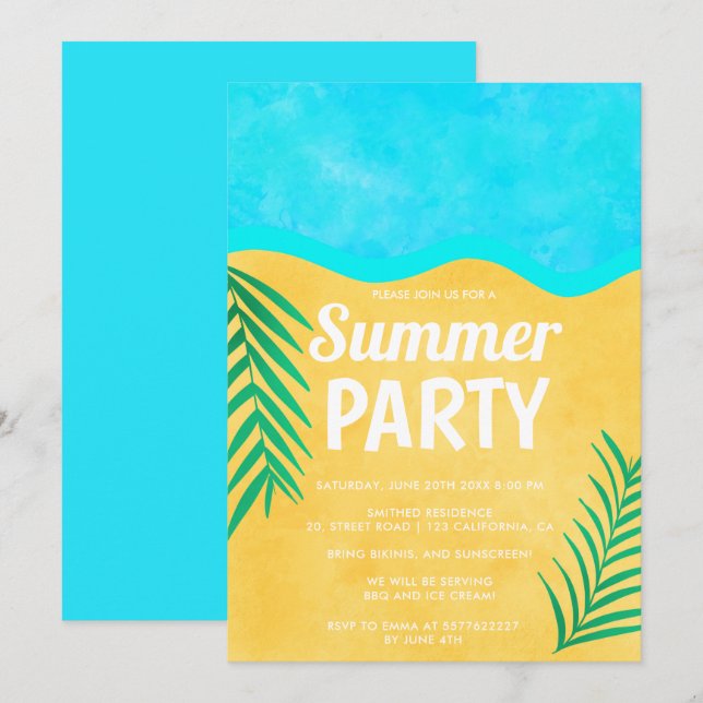 Beach sand palm tree tropical fun summer party invitation (Front/Back)