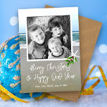 Beach Sand Photo Christmas Card<br><div class="desc">Ocean beach photo Christmas cards. Customize with a greeting and signature. Add a family photo to the square template, with a little starfish and piece of holly in the corner. Reverse is an image of brown sand.</div>
