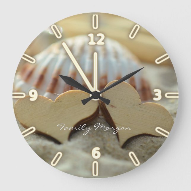 Beach,Sand,Seashell,Wood Hearts-Personalized Large Clock (Front)