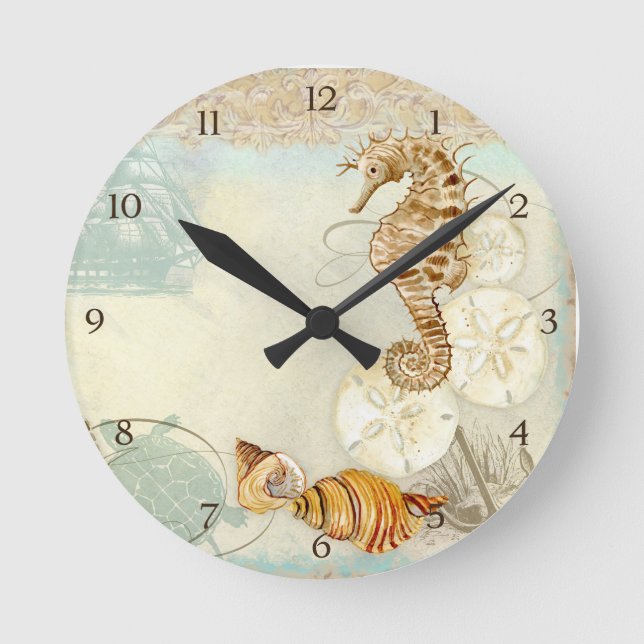 Beach Sand Seashore Collage Turtle Sea Horse Shell Round Clock (Front)