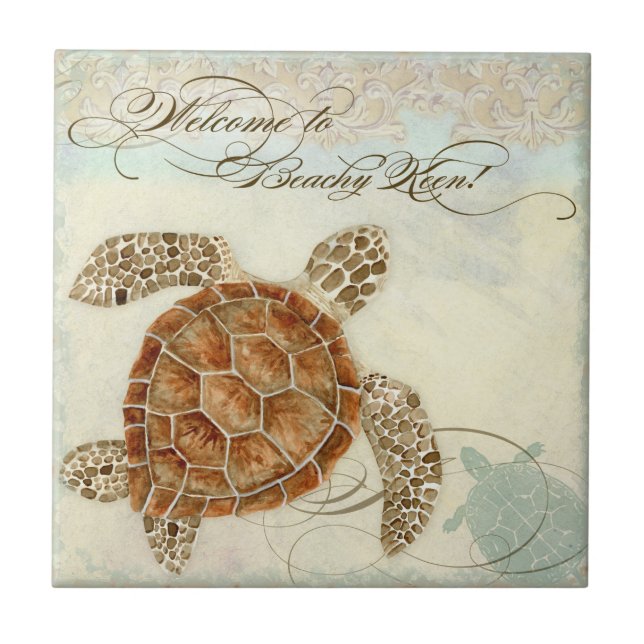 Beach Sand Seashore Collage Turtle Sea Horse Shell Tile (Front)