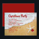 Beach Sand Starfish Christmas Party Invitation<br><div class="desc">Beach sand, tropical Christmas party invitation template. Bold, red font is printed over surf and sand image. A white starfish with red ornament decorates the lower corner. Reverse is solid, dark red. Changing the size may change the look of the design.</div>