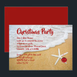 Beach Sand Starfish Christmas Party Invitation<br><div class="desc">Beach sand,  tropical Christmas party invitation template.  Bold,  red font is printed over surf and sand image.  A white starfish with red ornament decorates the lower corner.  Reverse is solid,  dark red.  Changing the size may change the look of the design.</div>
