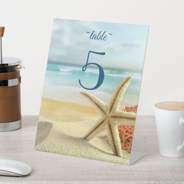 Beach, Sand, Starfish Wedding Table Number Pedestal Sign (In SItu)