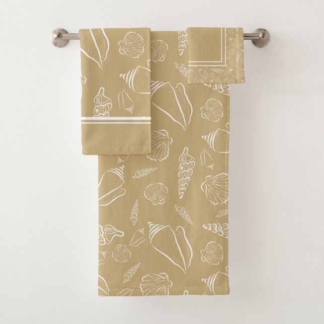Beach Sand Tan White Seashell Bath Towel Set (Insitu)