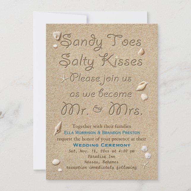 Beach Sandy Toes Salty Kisses Wedding Invitation (Front)
