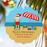 Beach Santa Claus Cute Custom Merry Christmas Ornament Card<br><div class="desc">This cute custom Christmas in July ornament card makes the perfect summer party tag for a beach bash or pool gathering gift. Make it a fun north pole themed extravaganza with Santa Claus in his swimming trunks next to a red and white striped beach umbrella and gifts. I've never seen...</div>