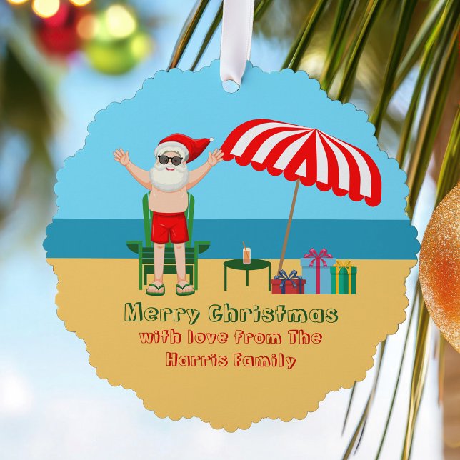 Beach Santa Claus Cute Custom Merry Christmas Ornament Card (Creator Uploaded)