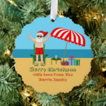 Beach Santa Claus Cute Custom Merry Christmas Ornament Card<br><div class="desc">This cute custom Christmas in July ornament card makes the perfect summer party tag for a beach bash or pool gathering gift. Make it a fun north pole themed extravaganza with Santa Claus in his swimming trunks next to a red and white striped beach umbrella and gifts. I've never seen...</div>