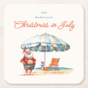 Beach Santa Watercolor Christmas in July Party BBQ Square Paper Coaster