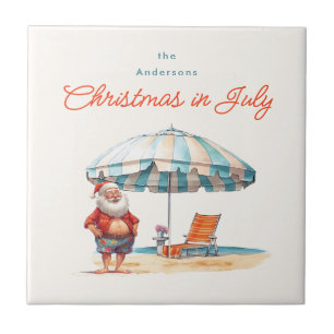 Beach Santa Watercolor Christmas in July Party BBQ Tile