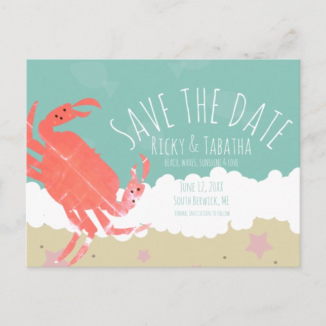 Beach Save the Date Crab Sand Ocean Waves  Postcard (Front)