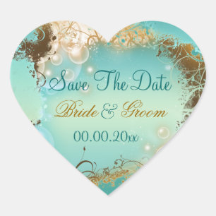 Beach "save the date" wedding aqua white heart sticker