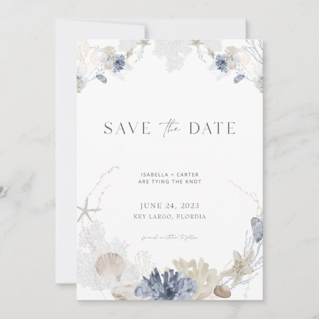 Beach Save the Date with Photo in Blue + Cream Invitation (Front)