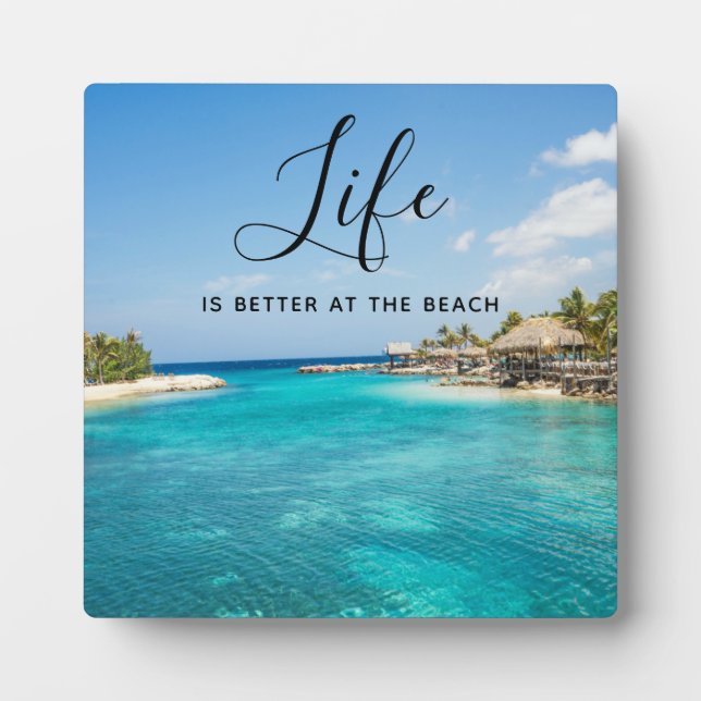 Beach Saying Tropical Beach with Thatched Huts Plaque (Front)