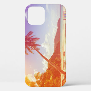 Beach scene, coconut tree, wooden bed. iPhone 12 case