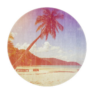 Beach scene, coconut tree, wooden bed. cutting board