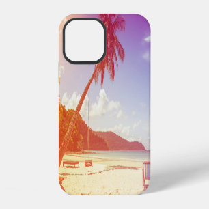 Beach scene, coconut tree, wooden bed. iPhone 12 case