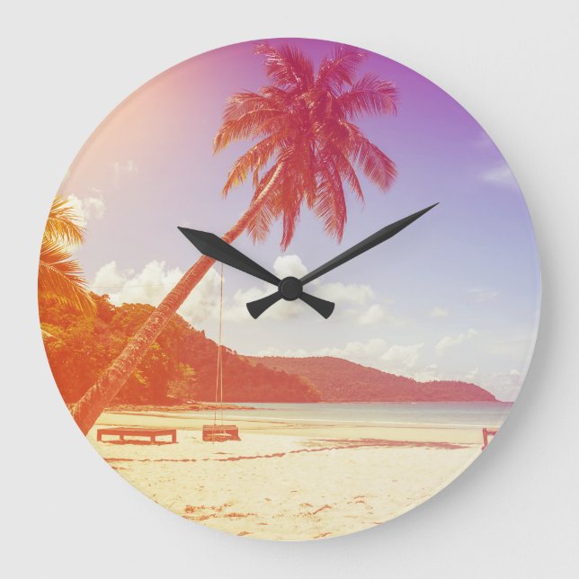 Beach scene, coconut tree, wooden bed. large clock (Front)