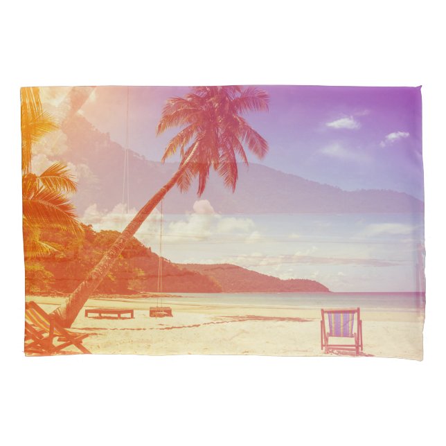 Beach scene, coconut tree, wooden bed. pillowcase (Front)