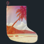 Beach scene, coconut tree, wooden bed. small christmas stocking<br><div class="desc">beach background with coconut tree and beach wooden bed on sand with beautiful blue sea and cloudy sky, Image for summer fun party travel concept. Coconut trees, sandy dreams, blue sea's melody, summer's party unfolds. Summer's Party: Coconut Trees, Sandy Dreams, Sea's Melody. Ocean's endless blue, beach and palm trees beckon,...</div>