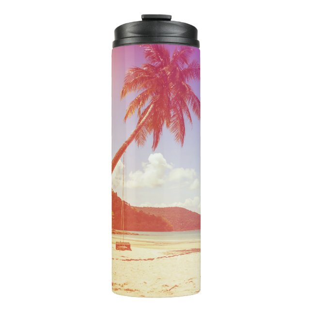 Beach scene, coconut tree, wooden bed. thermal tumbler (Front)