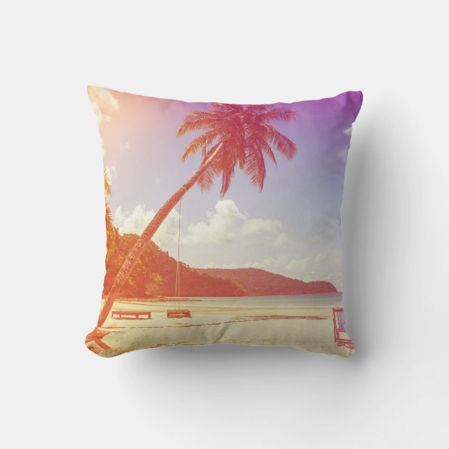 Beach scene, coconut tree, wooden bed. throw pillow (Front)