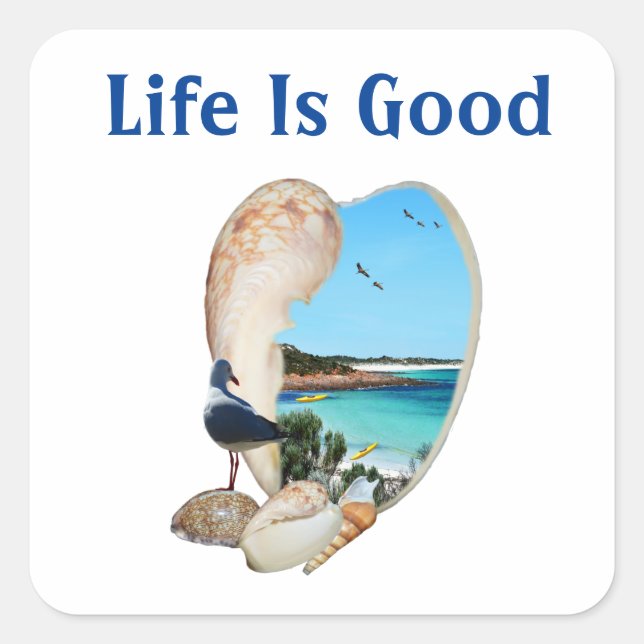 Beach Scene In A Beach Shell Wall, Square Sticker (Front)