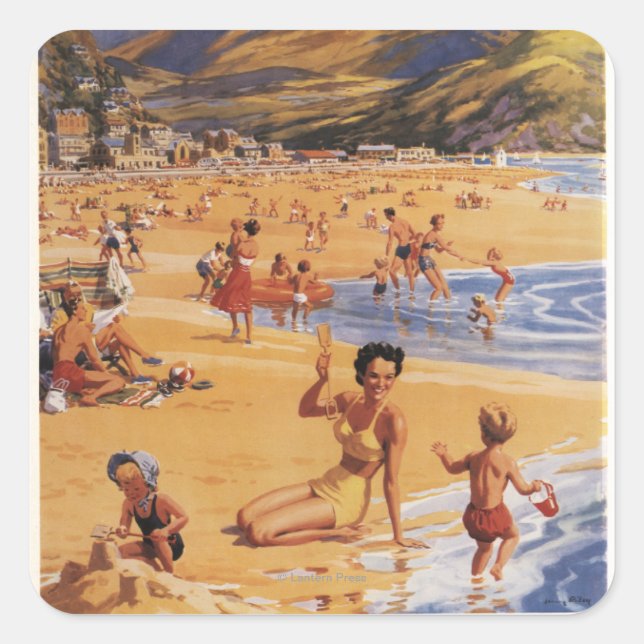 Beach Scene Mother and Kids British Rail Square Sticker (Front)